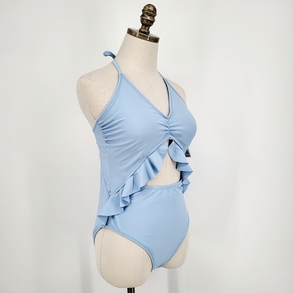 Bleu Ice One Piece Swimsuit Ruffle Halter Cut Out Blue Medium NEW - Picture 1 of 9